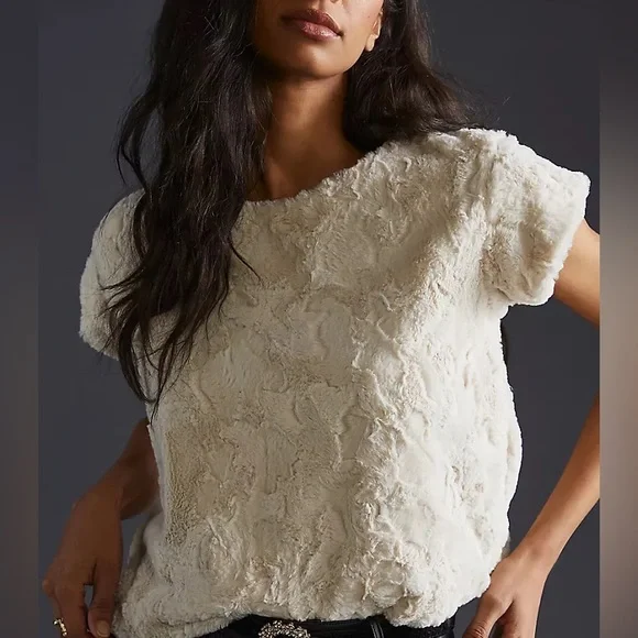 Maeve Faux Fur Top in Cream size Small Statement Luxe Anthropologie - Picture 9 of 15